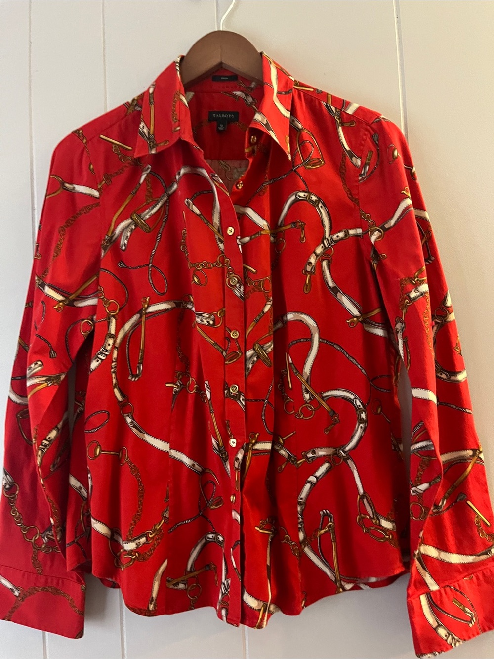 Talbots Red Chain & Stirrup Print Button-Down Shirt